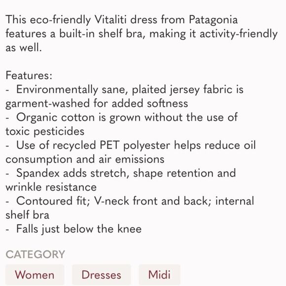 Patagonia V-neck Sleeveless Vitality Shelf-bra Athletic Organic Cotton Dress - Picture 7 of 7